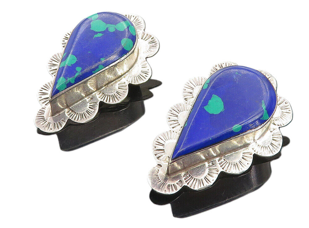 MEXICO 925 Sterling Silver Vintage Azurite Etched Border  Earrings  EG3963