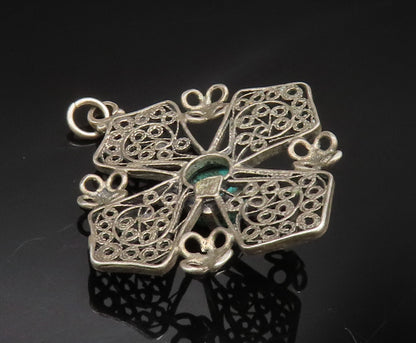 ISRAEL 925 Silver   Vintage Filigree Swirl Chrysocolla Cross Pendant  PT20581