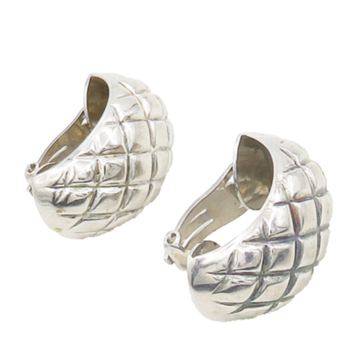 REEB 925 Silver  Vintage Shiny Quilted Etched Non Pierce Earrings  EG9643