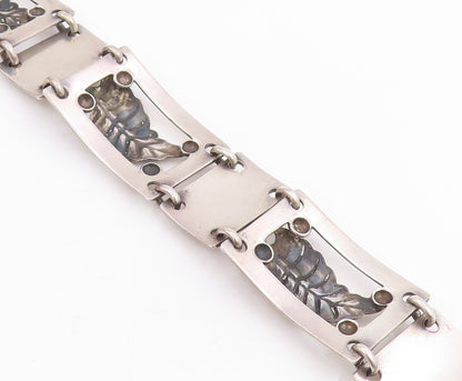 925 Sterling Silver Vintage Bracelet Carved Floral Leaf Panel Link Chain BT11479