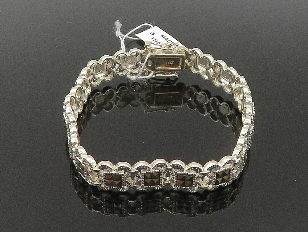 925 Sterling Silver  Marcasite Linked Floral Tennis Bracelet  BT1012