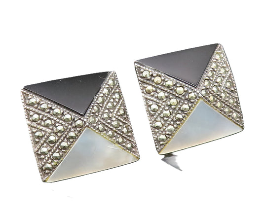 925 Silver  Vintage Mother Of Pearl Onyx & Marcasite Pyramid Earrings  EG11872