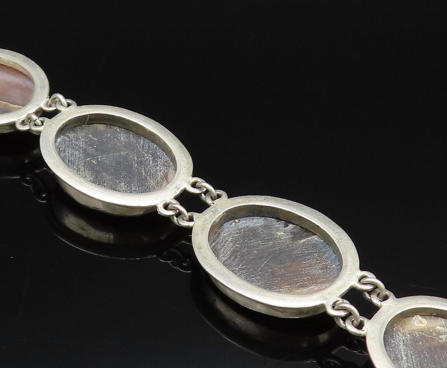 925 Silver  Vintage Carved Mother Of Pearl Sailboat Scenery Bracelet  BT9676