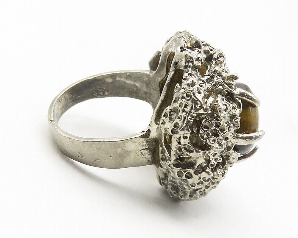 925 Sterling Silver  Vintage Tiger's Eye Sculpted Cocktail Ring Sz 7  RG11601