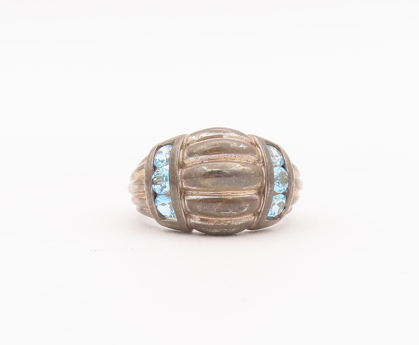 925 Sterling Silver Vintage Ring Domed Grooved Blue CZ Bands  Sz 6  RG28059