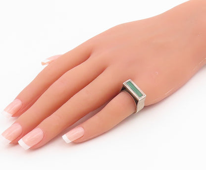 925 Sterling Silver Vintage Ring Green Enamel Rectangular Inlay  Sz 5  RG35355