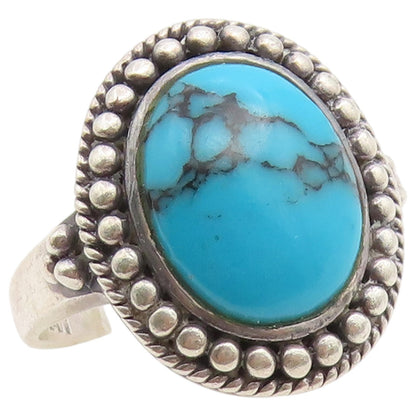925 Sterling Silver Vintage Ring Turquoise Halo Beaded Edge Band  Sz 7  RG36728