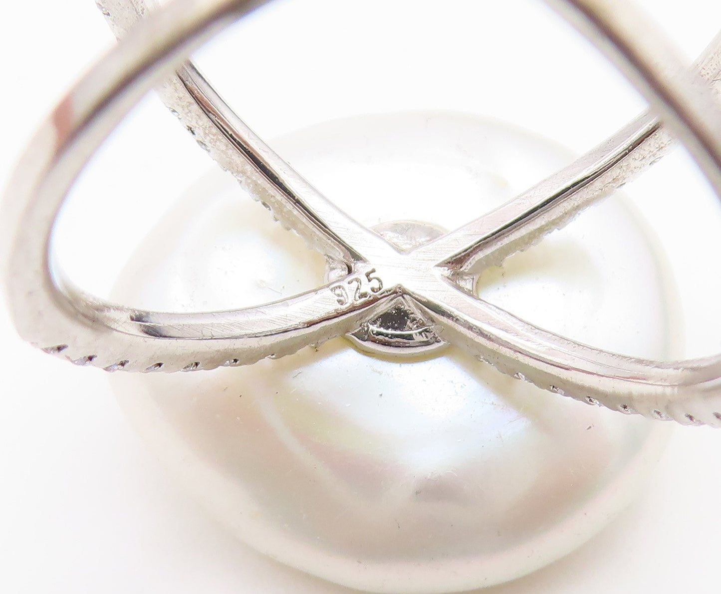 925 Sterling Silver Vintage Ring Modernist Pearl Split Shank  Sz 6.5  RG36744