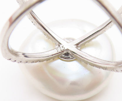 925 Sterling Silver Vintage Ring Modernist Pearl Split Shank  Sz 6.5  RG36744