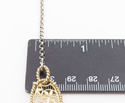 925 Sterling Silver Vintage Necklace Two Tone Floral Filigree Y Drop  NE4940