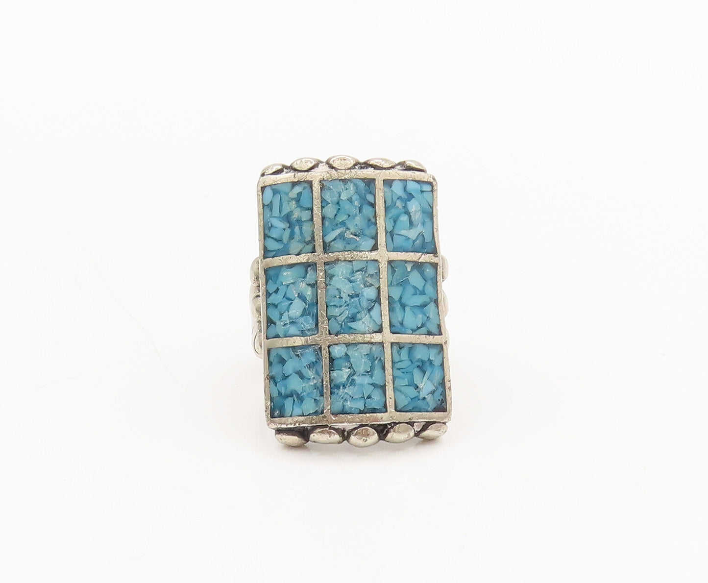 NAVAJO ZUNI 925 Sterling Silver Vintage Crushed Turquoise Ring Sz 7.75  RG26848
