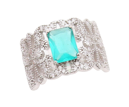 925 Sterling Silver Vintage Ring Floral Cutout White & Sea Green CZ Sz 7 RG30259