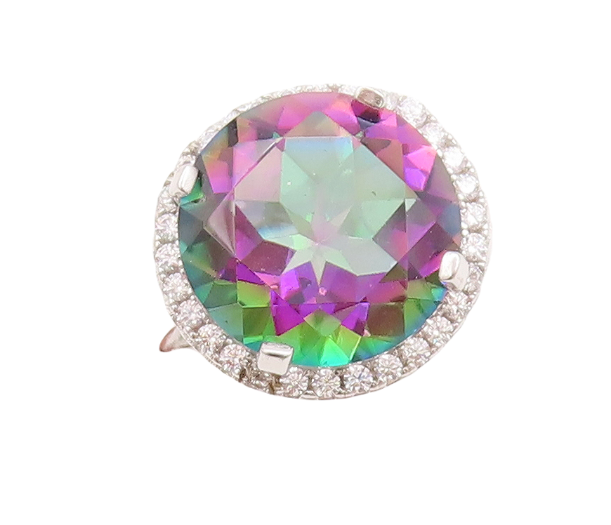925 Sterling Silver Vintage Ring Round Cut Mystic Topaz Halo CZ  Sz 7  RG29744