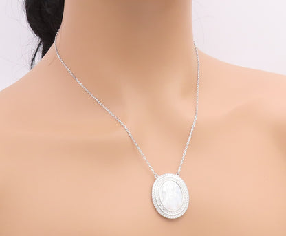 925 Sterling Silver Vintage Necklace Mother Of Pearl Halo CZ Virgin Mary  NE4902