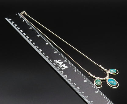 925 Silver  Vintage Three Stone Oval Chrysocolla & Beads Rope Necklace  NE3952