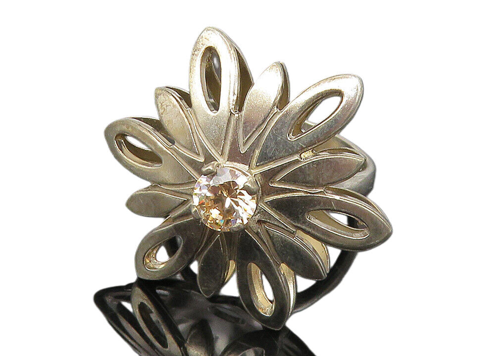 TAMARA 925 Silver  Topaz Centered Flower Motif Cocktail Ring Sz 6.5  RG10588