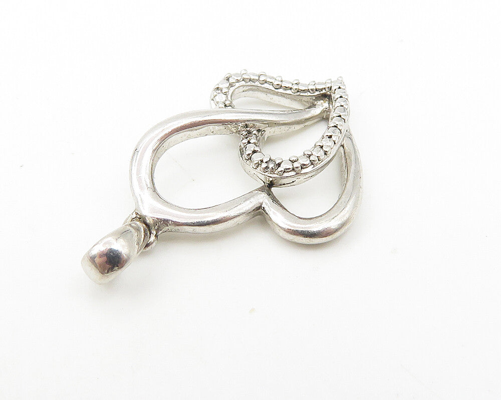 925 Sterling Silver  Petite Genuine Diamond Double Love Heart Pendant  PT8847