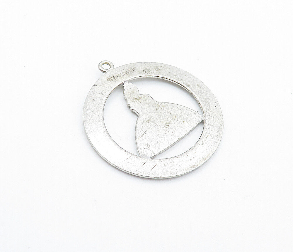 925 Sterling Silver  Vintage Woman In Floral Dress Open Circle Pendant  PT4236