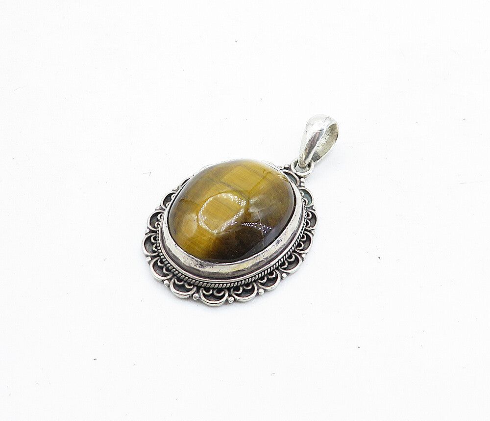 925 Sterling Silver  Vintage Cabochon Cut Tiger's Eye Wavy Pendant  PT3974