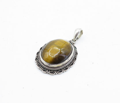 925 Sterling Silver  Vintage Cabochon Cut Tiger's Eye Wavy Pendant  PT3974