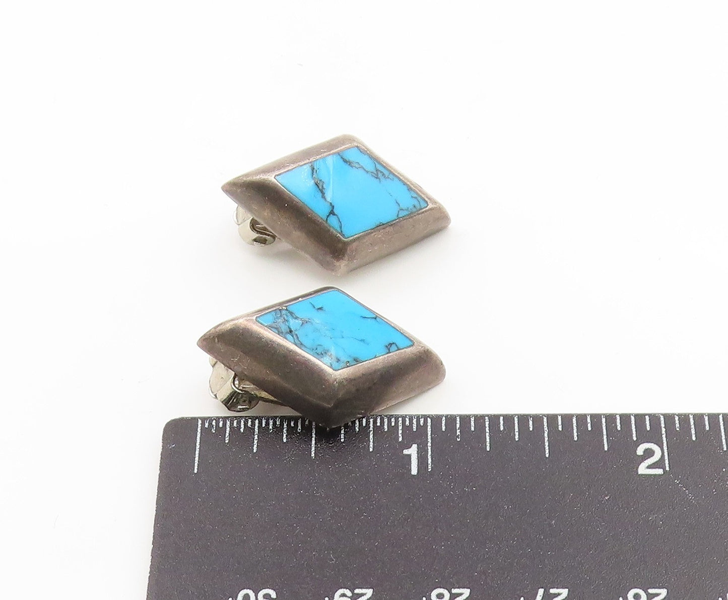 925 Sterling Silver Vintage Earrings MEXICO Turquoise Geometric Clip On  EG14202
