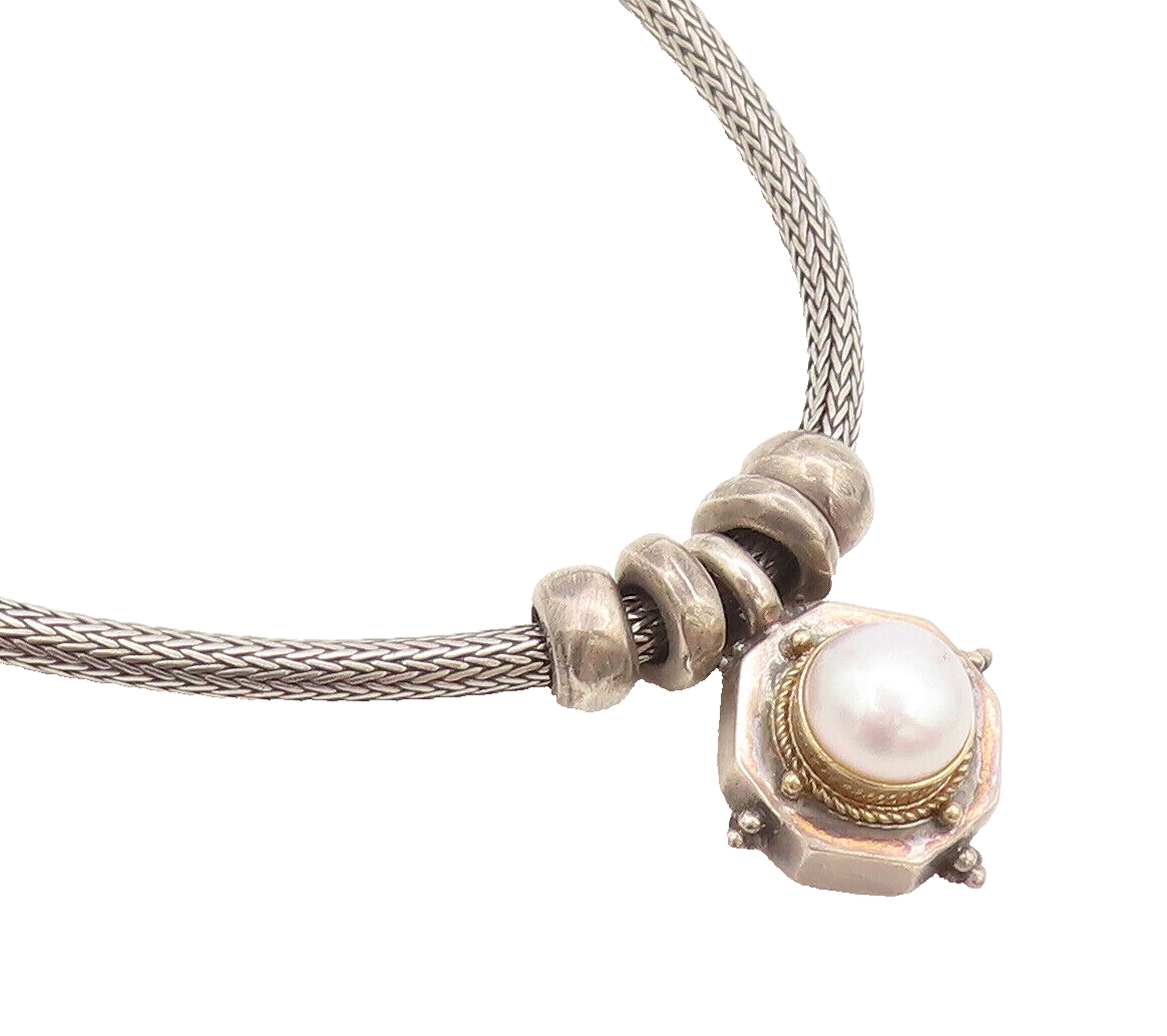 14k GOLD 925 Sterling Silver  Vintage Tribal Design Pearl Necklace  NE4091