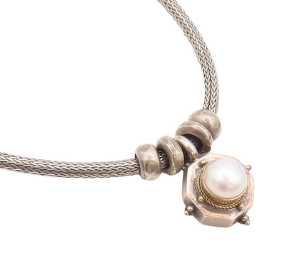 14k GOLD 925 Sterling Silver  Vintage Tribal Design Pearl Necklace  NE4091