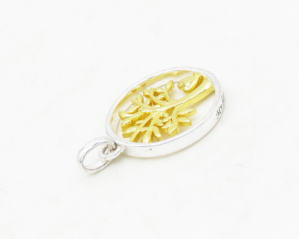 925 Sterling Silver  Shiny Two Tone Tree Of Life Motif Round Pendant  PT14137