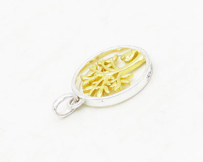 925 Sterling Silver  Shiny Two Tone Tree Of Life Motif Round Pendant  PT14137