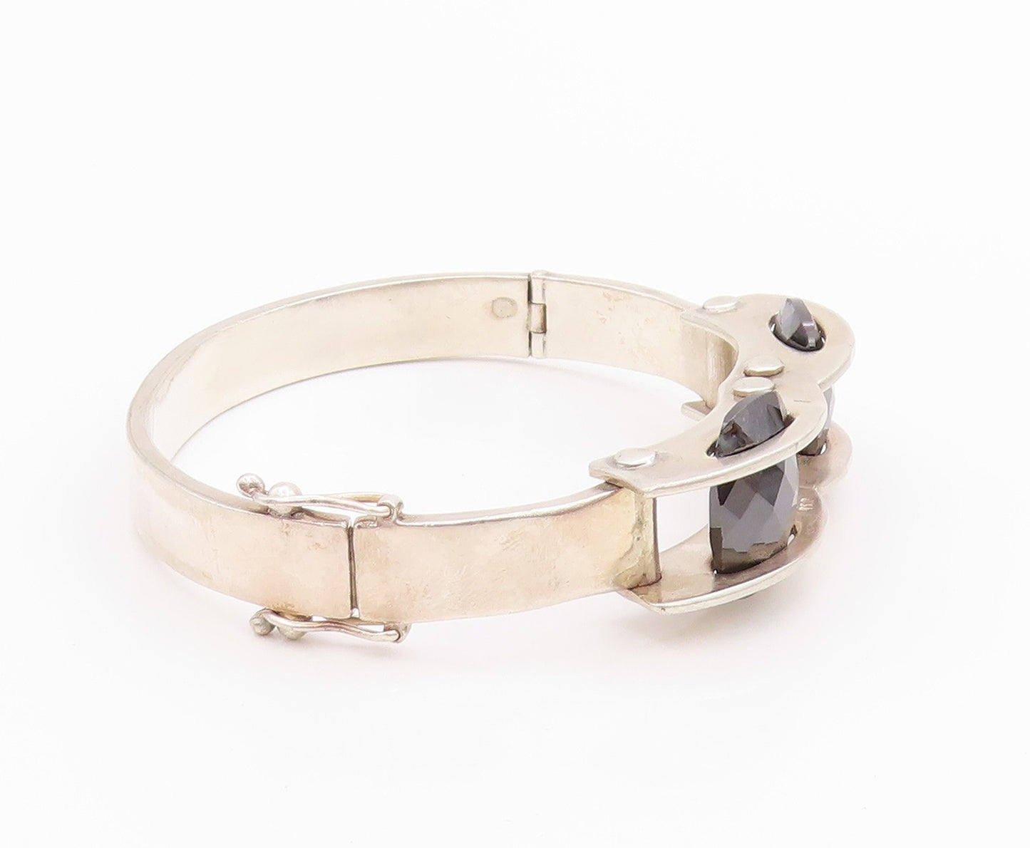 925 Sterling Silver Vintage Bracelet Modernist Design Cut Oval Hematite  BT11323