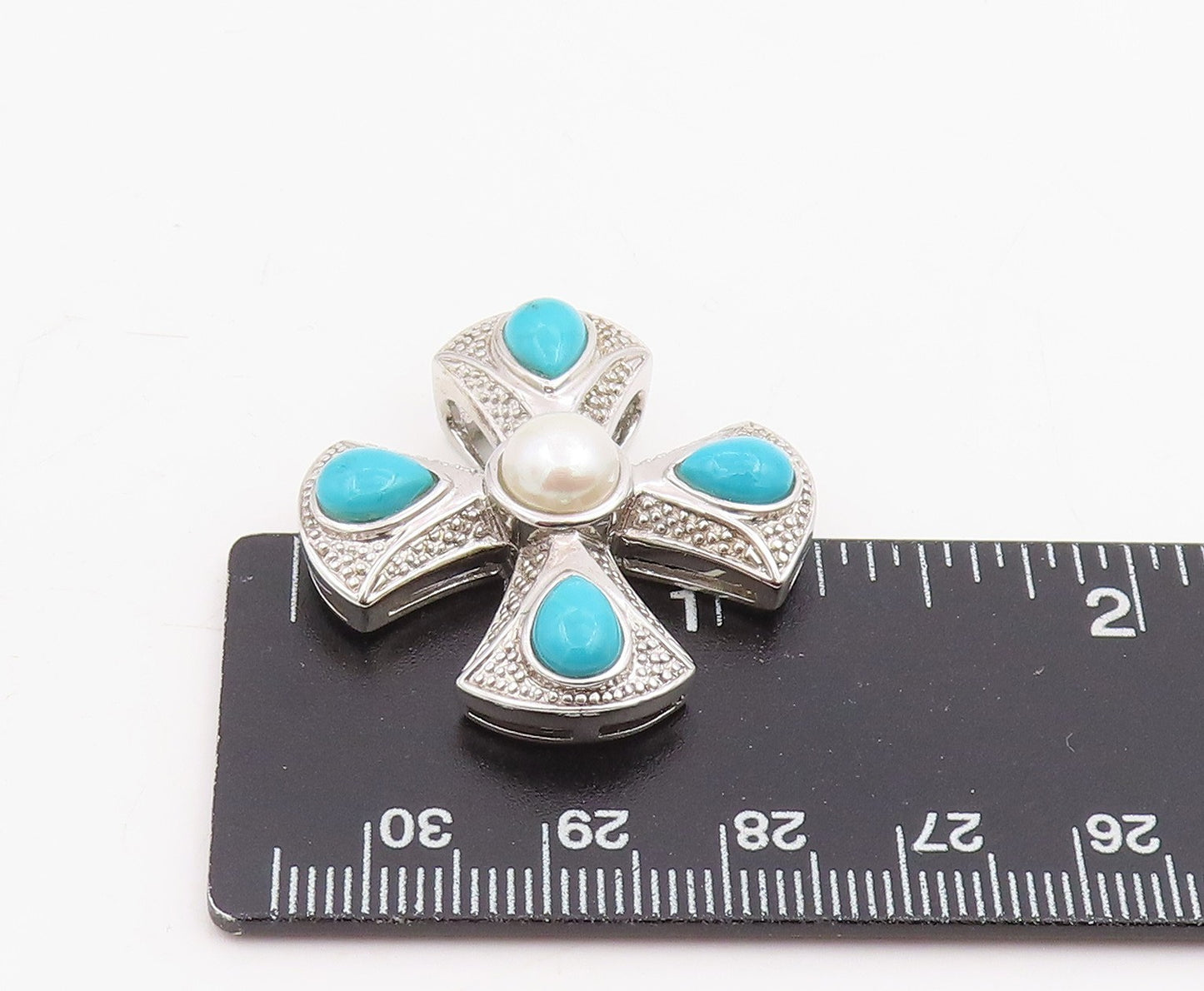 925 Sterling Silver Vintage Pendant Pearl & Turquoise Maltese Cross  PT25862