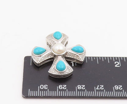 925 Sterling Silver Vintage Pendant Pearl & Turquoise Maltese Cross  PT25862