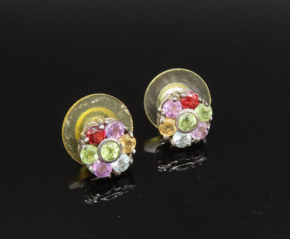 925 Silver  Vintage Peridot & Multi Gemstones Flower Stud Earrings  EG12117