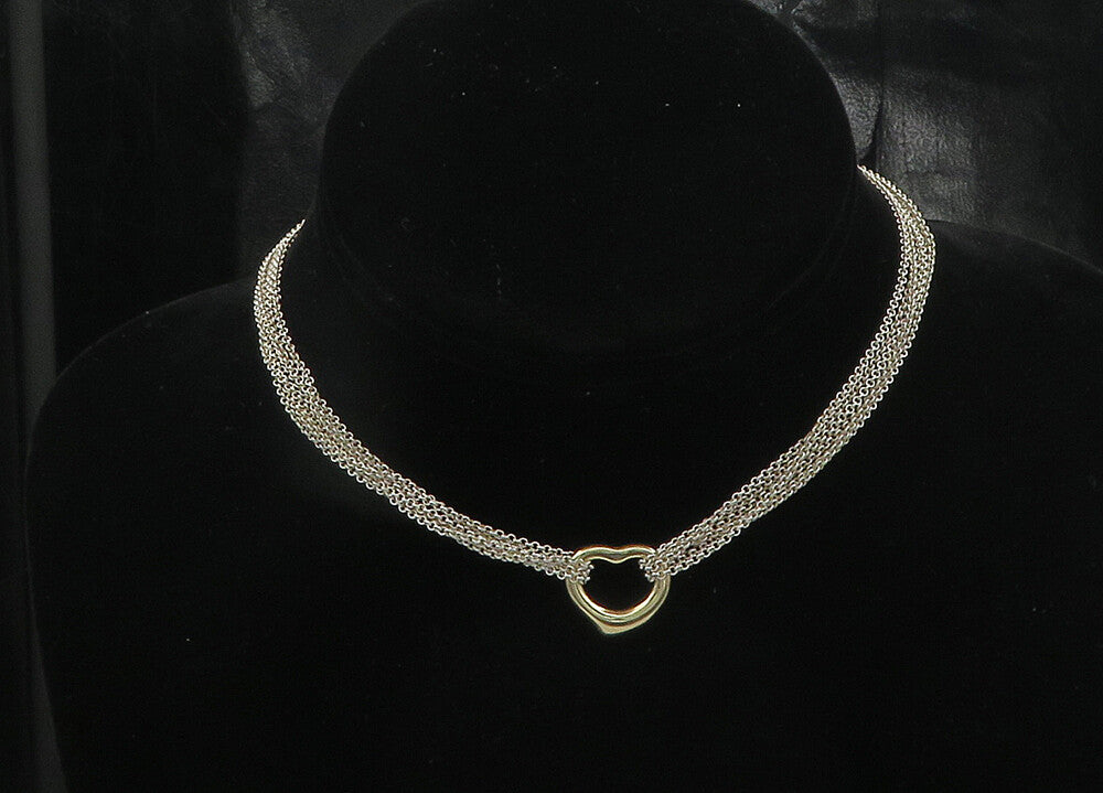 925 Silver & 14K GOLD Vintage Love Heart Multi Strand Chain Necklace NE3050