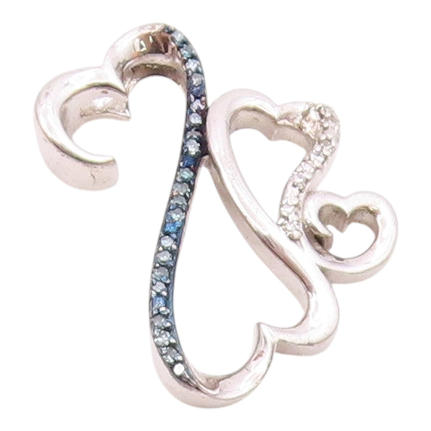 925 Silver  Vintage Genuine Blue & White Diamonds Love Hearts Pendant  PT19813