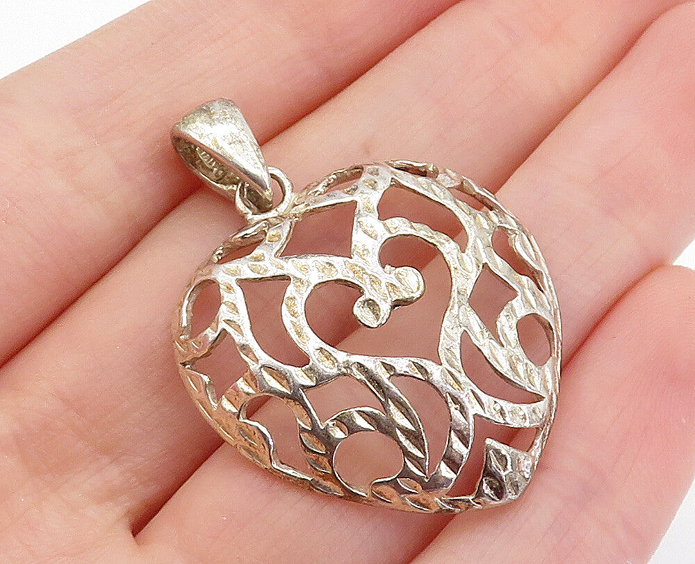 925 Sterling Silver  Vintage Shiny Etched Cutout Love Heart Pendant  PT3240