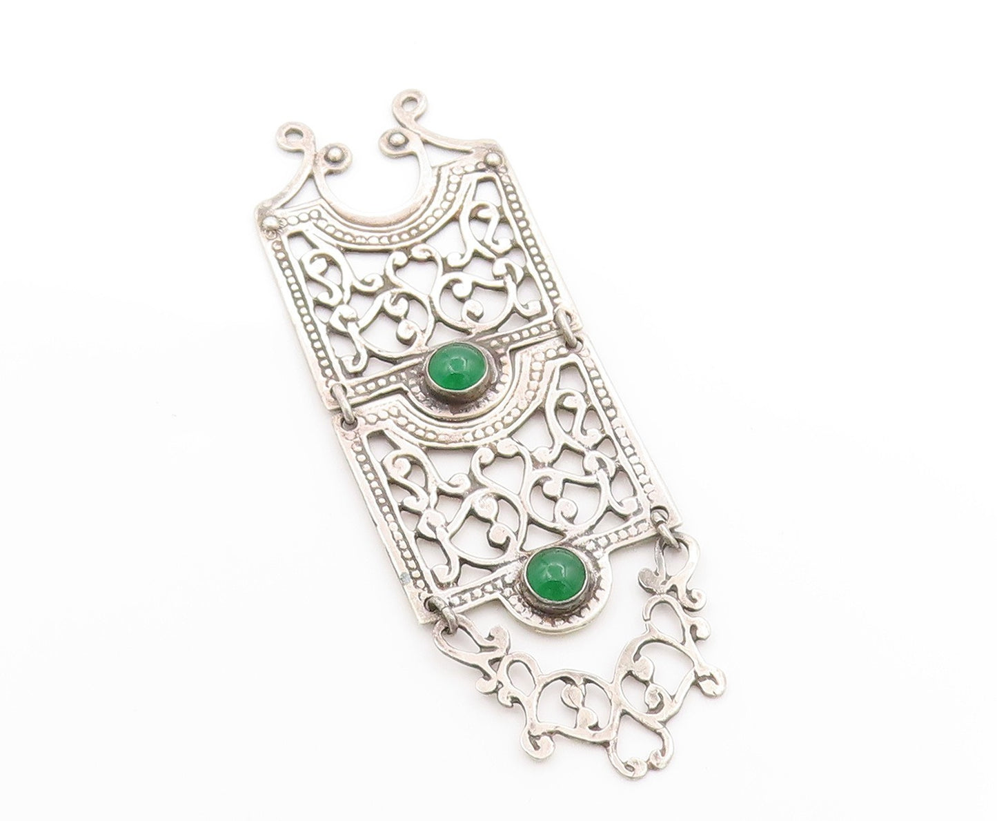 925 Sterling Silver Vintage Pendant Green Gemstone Long Floral Cut Out  PT25049