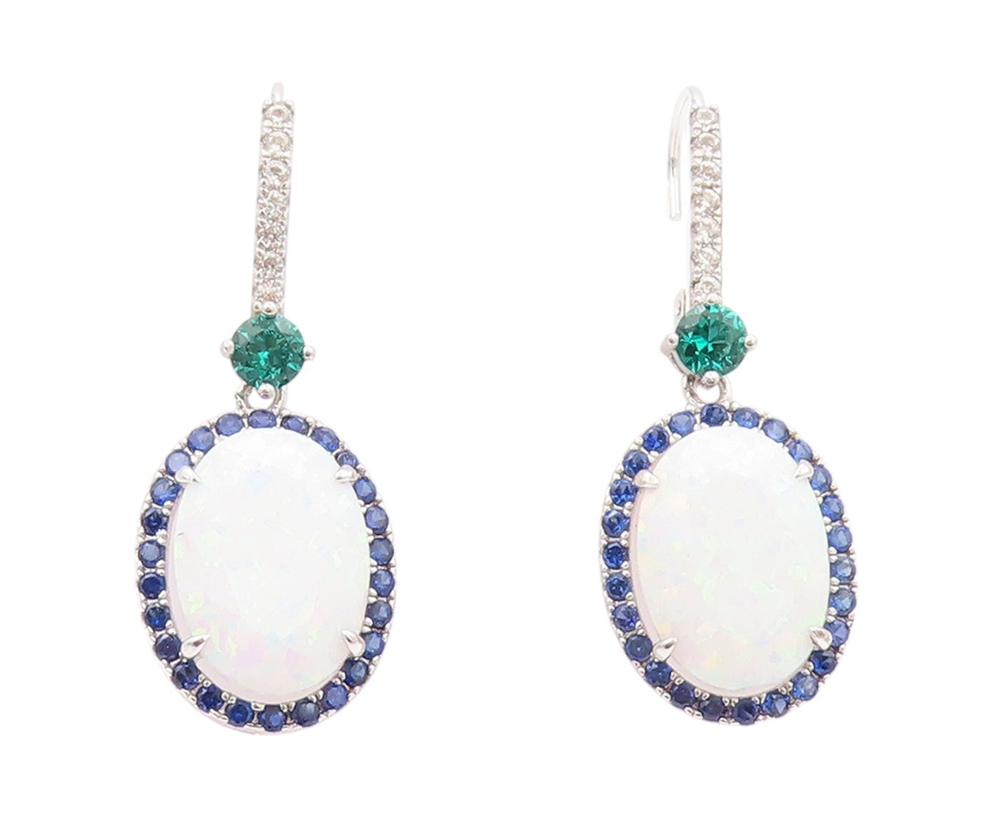 925 Sterling Silver Vintage Earrings Oval Opal Halo Sapphire 2 Tone CZ  EG13405