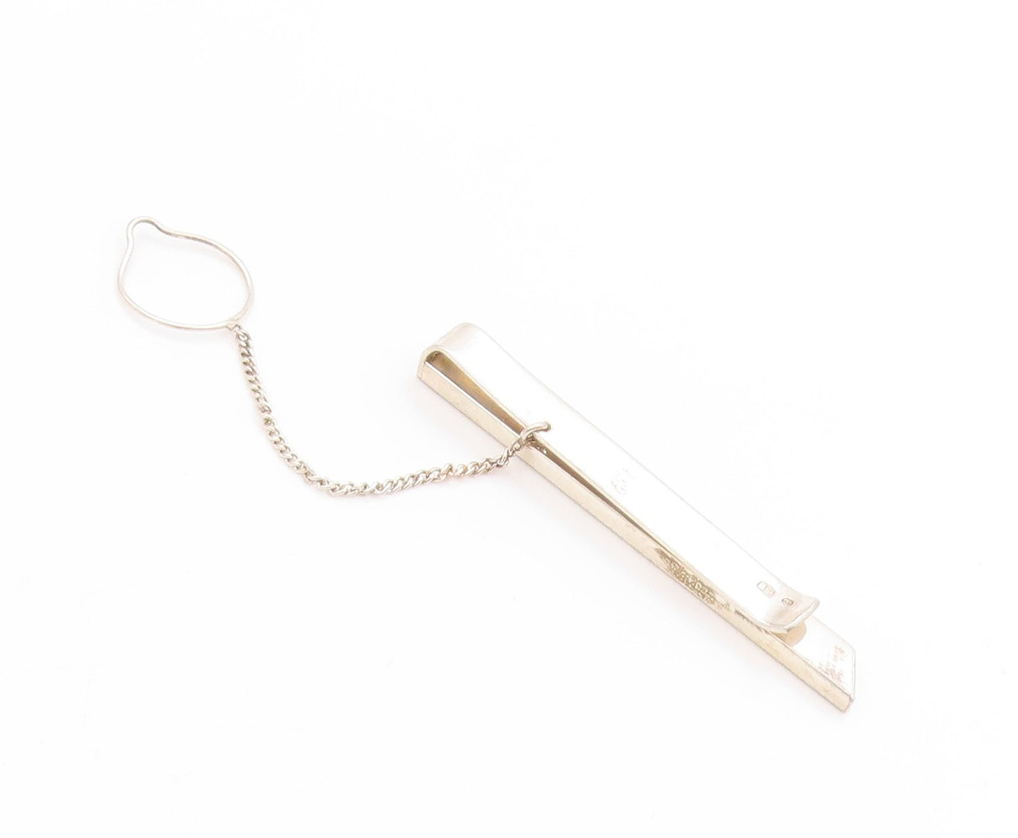 925 Sterling Silver Vintage Tie Bar POLAND Minimalist Clip With Chain  TR4002