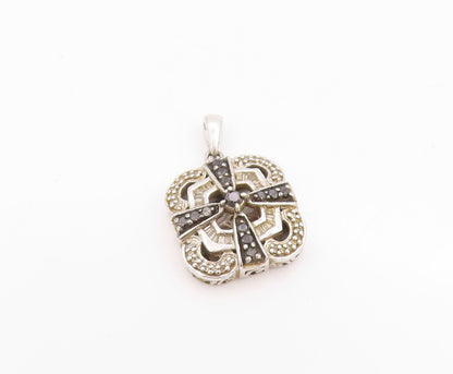 925 Sterling Silver Vintage Pendant Diamonds Square Inlay Spinal Bands  PT24405