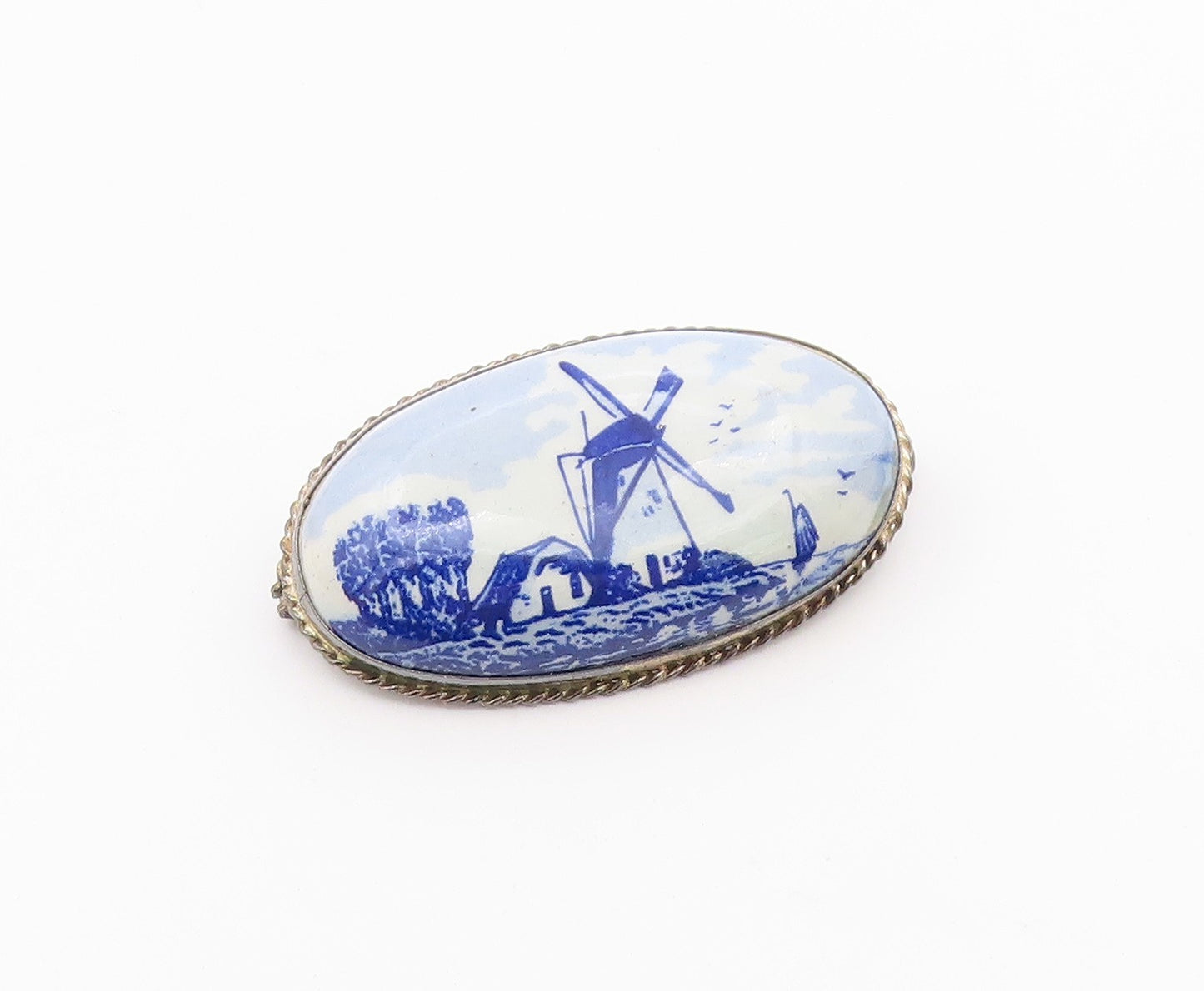 HOLLAND 925 Sterling Silver  Vintage Enamel Windmill Scene Brooch Pin  BP8709