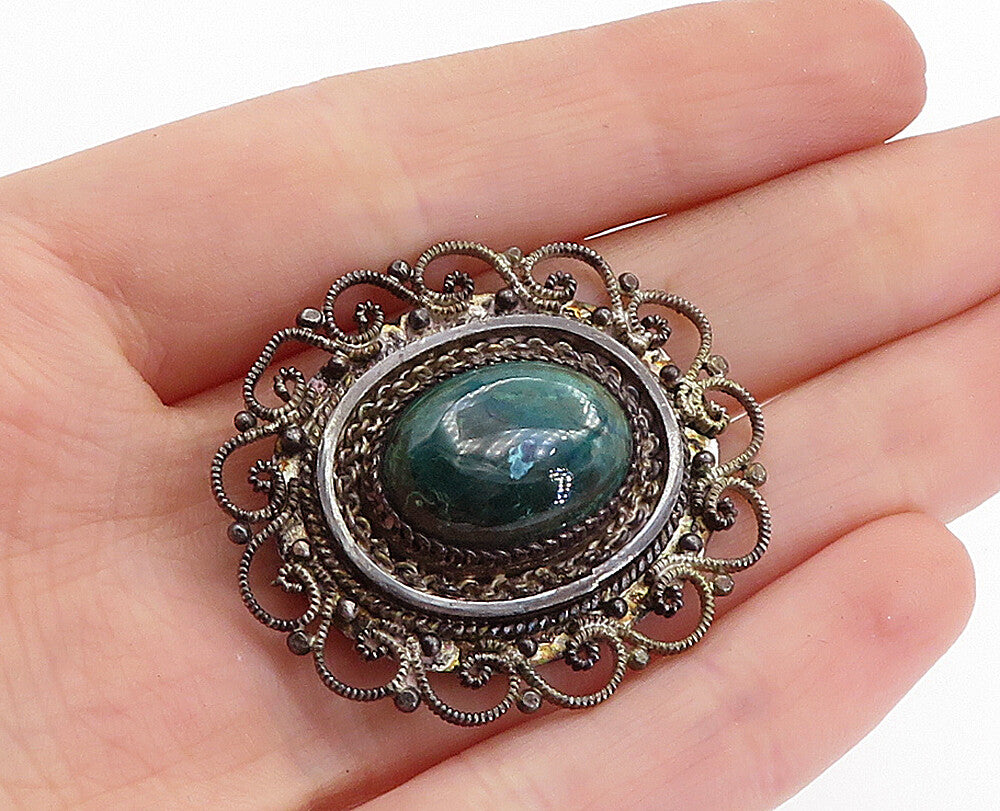 ISRAEL 925 Sterling Silver  Vintage Eilat Stone Swirl Border Brooch Pin BP2490