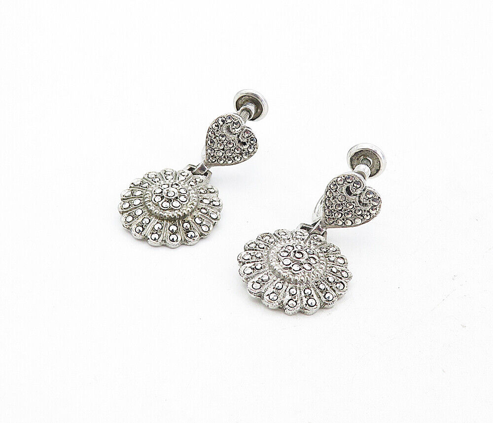 925 Sterling Silver - Vintage Sparkling Flower Motif Non Pierce Earrings- EG4216