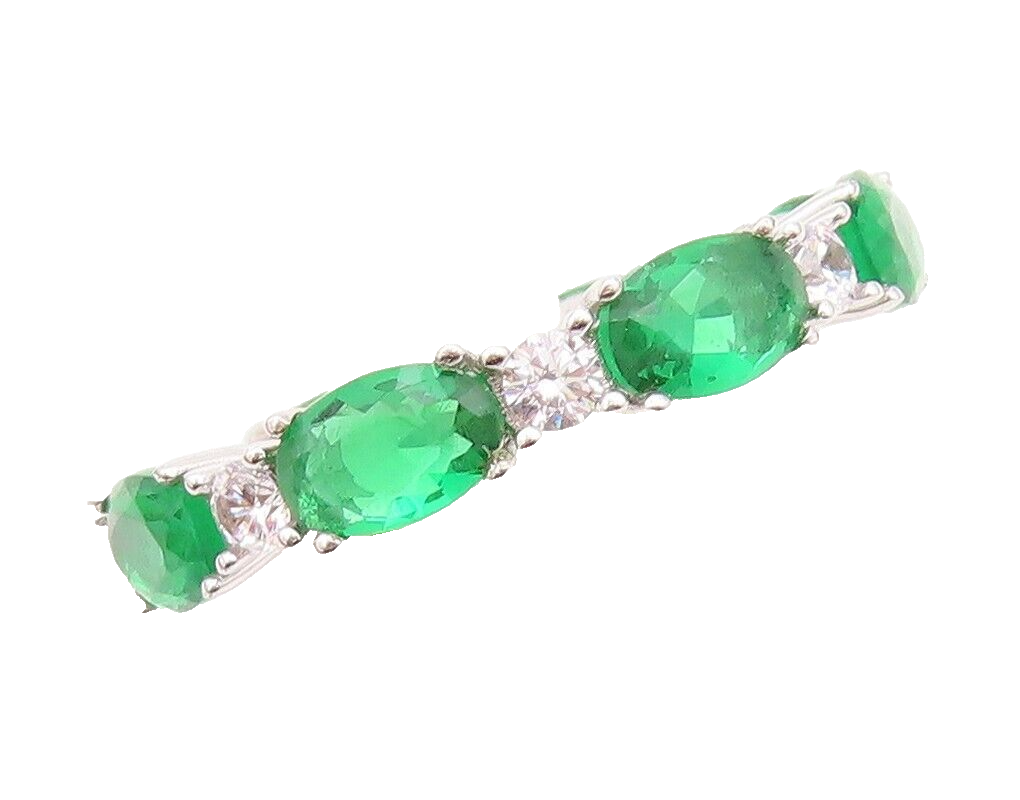 925 Sterling Silver Vintage Ring Oval Cut Green & White CZ 360 Band Sz 7 RG30513