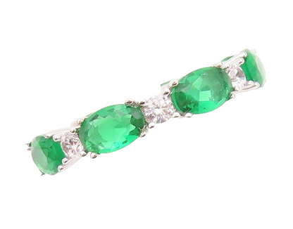 925 Sterling Silver Vintage Ring Oval Cut Green & White CZ 360 Band Sz 7 RG30513