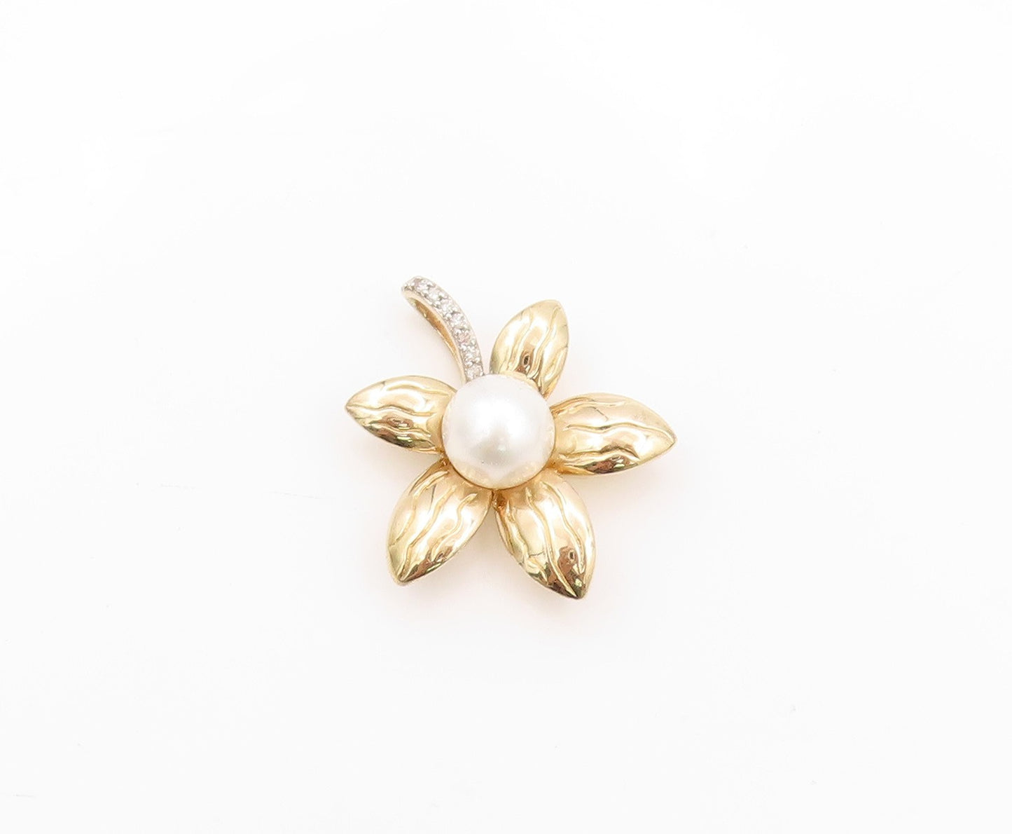 925 Sterling Silver Vintage Pendant Gold Plated Diamonds & Pearl Flower  PT24089