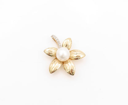 925 Sterling Silver Vintage Pendant Gold Plated Diamonds & Pearl Flower  PT24089