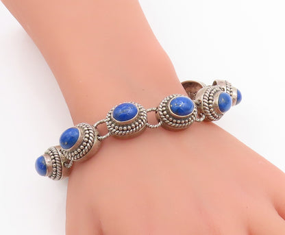 925 Sterling Silver Vintage Bracelet Cabochon Lapis Lazuli Beaded Chain  BT11437