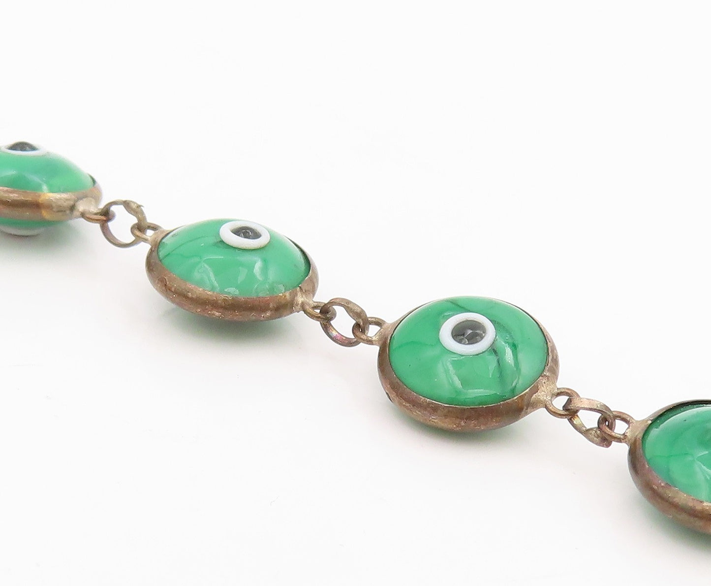925 Sterling Silver Vintage Bracelet Green Evil Eye Design Link Chain  BT11556