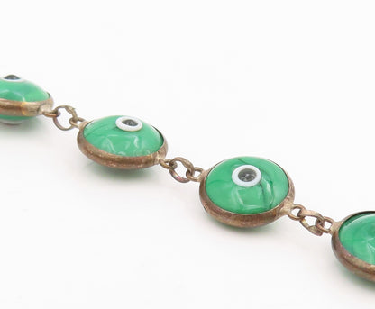 925 Sterling Silver Vintage Bracelet Green Evil Eye Design Link Chain  BT11556